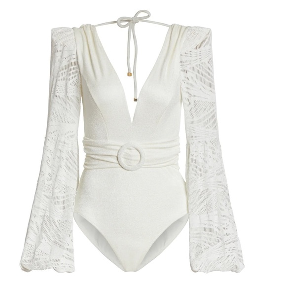 PATBO METALLIC LACE PLUNGE LONG SLEEVE ONEPIECE SWIMSUIT / BODYSUIT WHITE S NWT - Picture 11 of 11